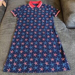 LANDS END Starfish Print Sz Medium (10-12) Navy Blue Stretchy Cotton Polo Dress‎